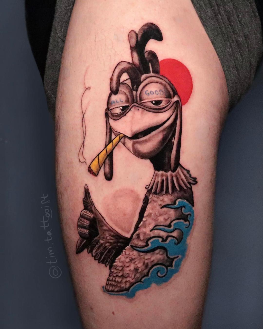 Tattoo chicken joe on the leg in style realism