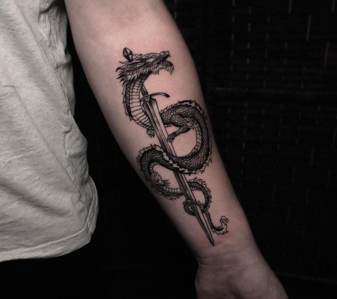 Tattoo dragon on the forearm in style graphic