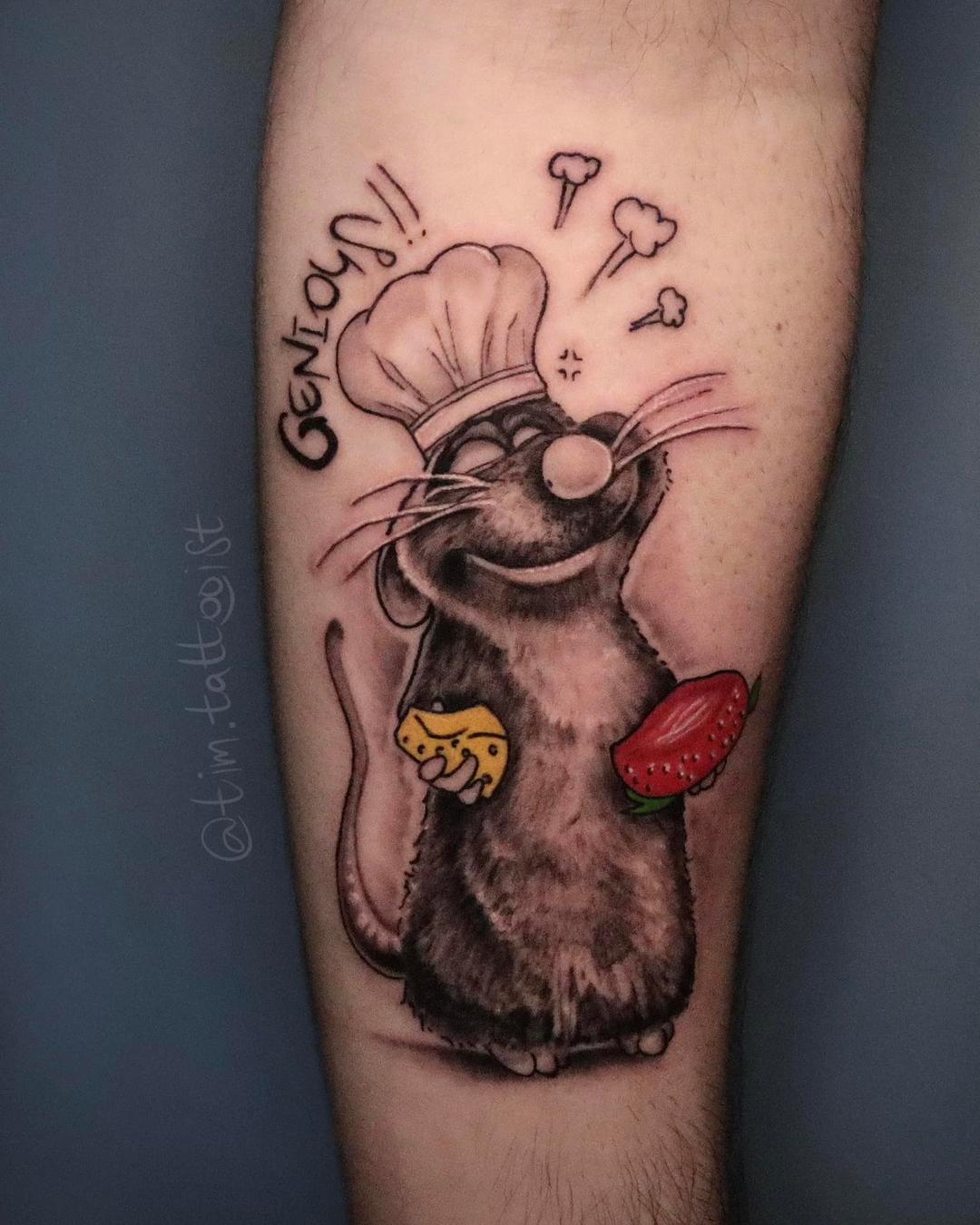 Tattoo ratatouille on the leg in style realism