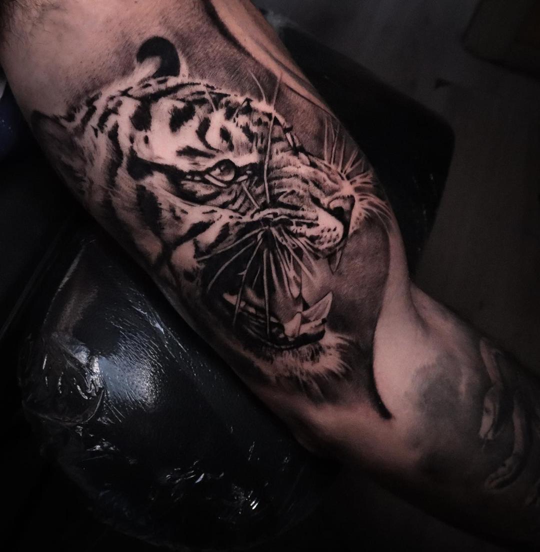 Tattoo tiger on the bicep in style black & gray